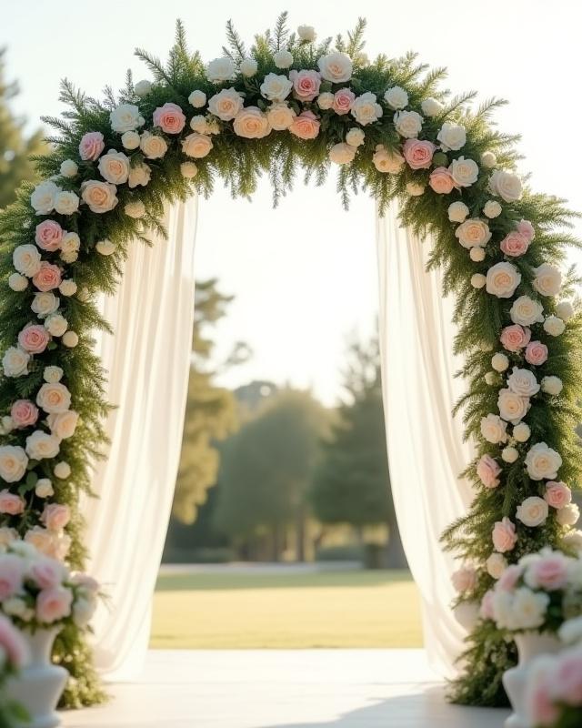 Romantischer Hochzeitsbogen reich mit Blumen geschmückt